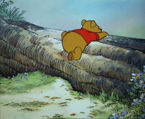 Winnie the Pooh Laying on Tree Trunk