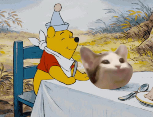 Winnie the Pooh Sitting at Table With Cat