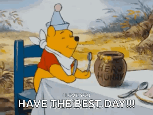 Winnie the Pooh Sitting at Table With Honey Pot and Spoon