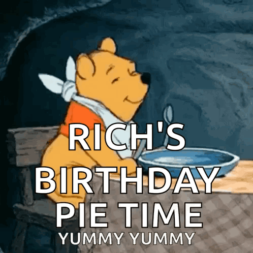 Winnie the Pooh Sitting with Food and Birthday Pie