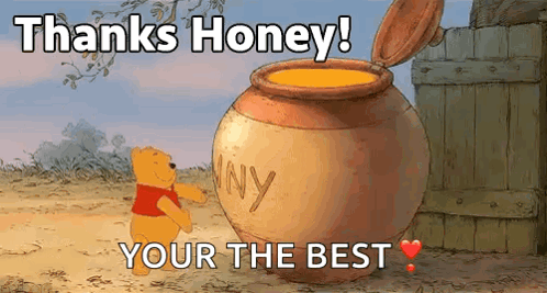 Winnie The Pooh Standing Next To A Jar Of Honey GIF