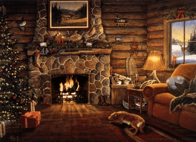Winter Christmas Dog Near Fireplace GIF