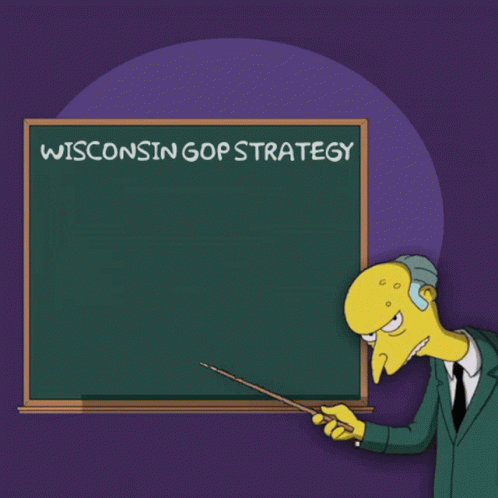 Wisconsin GOP Strategy on Blackboard With Cartoon Pointing
