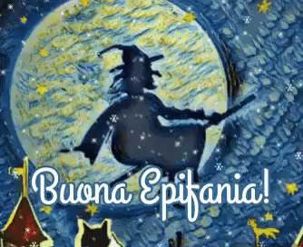 Witch Flying On Broom Under Full Moon Buona Epifania GIF