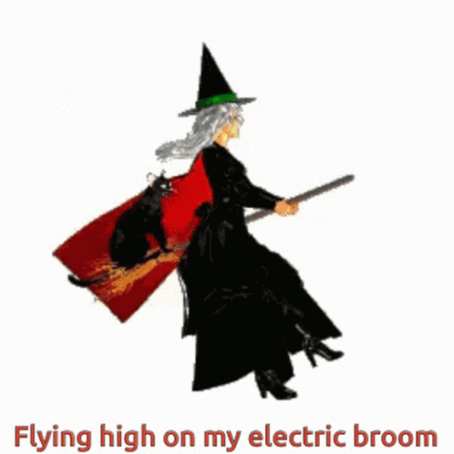 Witch Flying on Electric Broom with Cat on Back