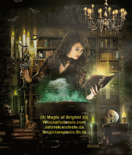 Witch Reading Book In Cauldron GIF