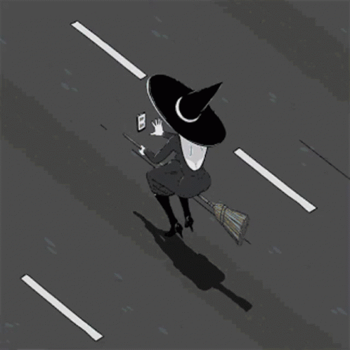 Witch Riding Broom on Street
