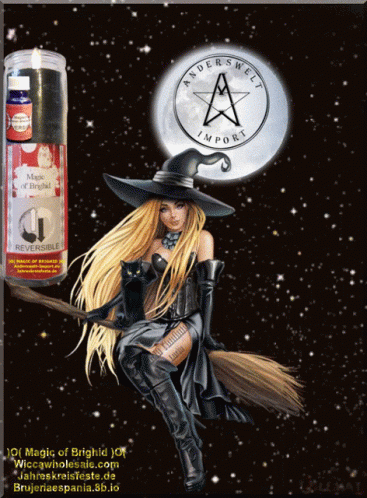 Witch Sitting On Broom Next To Import Candle GIF