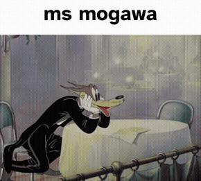 Wolf in Tuxedo Sitting at Table Ms Mogawa Above Him