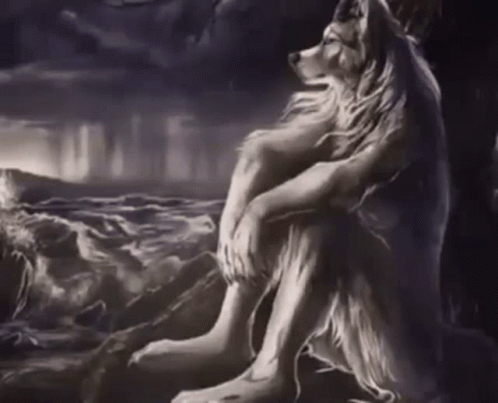Wolf Sitting On Rock Near Water GIF