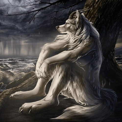 Wolf Sitting Under Tree Near Ocean