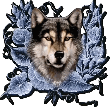 Wolf Surrounded by Blue Leaves and Flowers