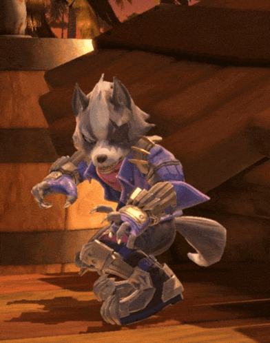 Wolf Video Game Character on Wooden Staircase
