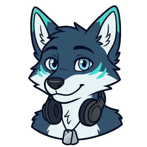Wolf Wearing Headphones and Tag