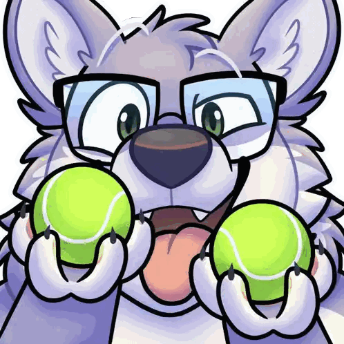 Wolf with Glasses Holding Tennis Balls