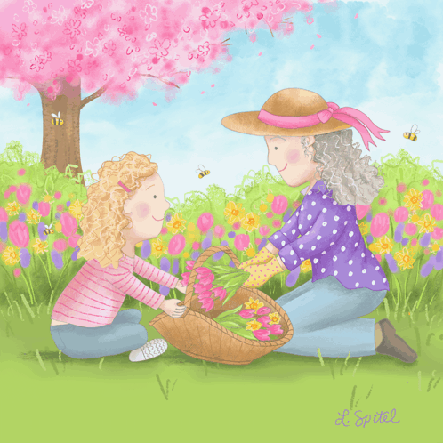 Woman And Girl Picking Flowers GIF