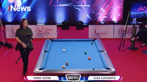 Woman at Pool Table with News Sign