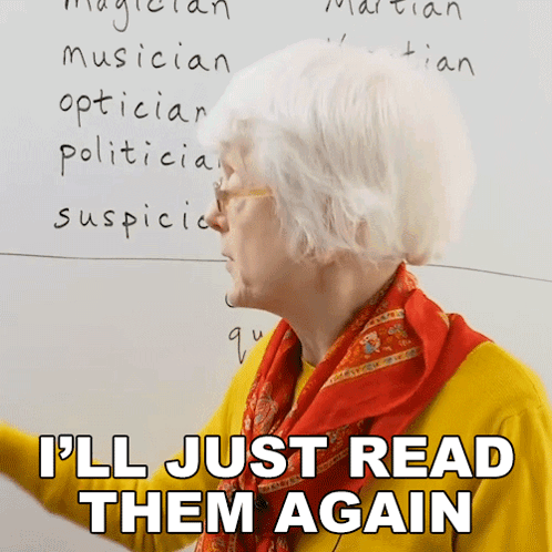 Woman at Whiteboard Says I'll Just Read Them Again