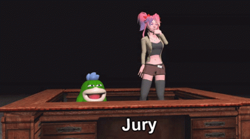Woman at Wooden Desk With Name Jury