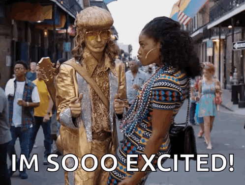 Woman Beside Statue With Guitar Im Sooo Excited