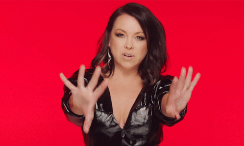 Woman Black Leather Jacket Hands Outstretched Funny Face