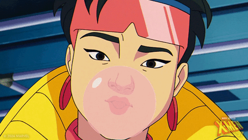 Woman Blowing Bubble with Marvel Logo
