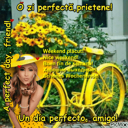 Woman Blowing Kiss Next to Yellow Bike