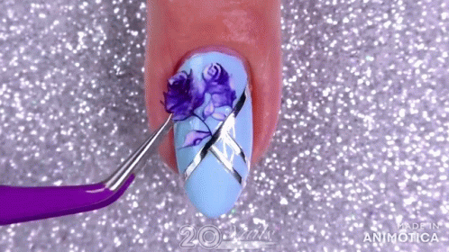 Woman Blue Nails With Purple Roses And Silver Stripes