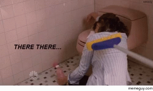 Woman Cleaning Bathroom Floor With Broom Saying There There