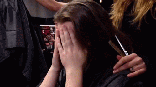 Woman Covering Face Hairdresser Brushing Hair