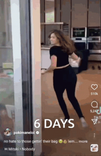 Woman Dancing in Front of Glass Door Saying 6 Days