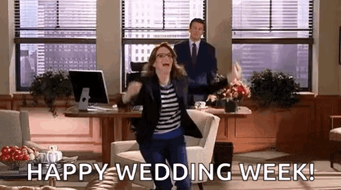Woman Dancing in Living Room Man Says Happy Wedding Week