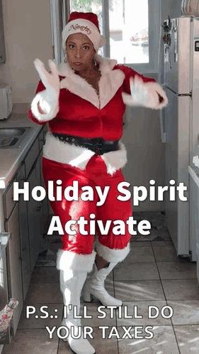 Woman Dressed as Santa Claus Dancing in Kitchen With Caption Holiday Spirit Activate