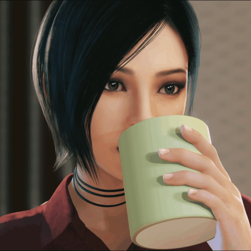 Woman Drinking From Green Cup With Choker