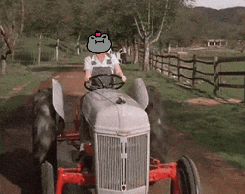 Woman Driving Tractor With Cartoon Face on Head