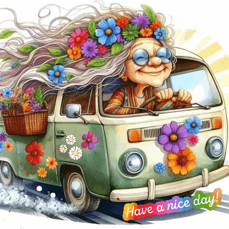 Woman Driving Van With Flowers GIF