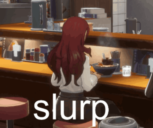 Woman Eating Bowl of Food Saying Slurp