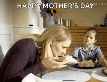 Woman Eating Cake With Child Watching GIF