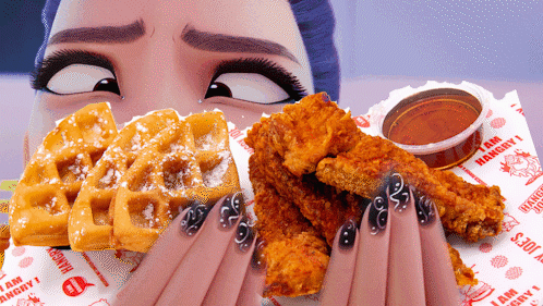 Woman Eating Waffles And Chicken GIF
