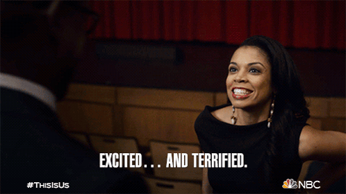 Woman Excited And Terrified Looking At Man GIF