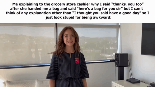Woman Explaining to Grocery Store Cashier Why