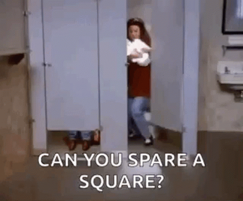 Woman Holding Baby in Restroom Asking Can You Spare a Square