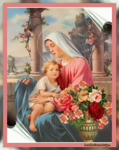 Woman Holding Baby with Vase of Flowers