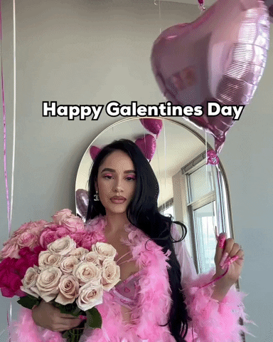 Woman Holding Balloon And Bouquet Happy Valentine's Day GIF