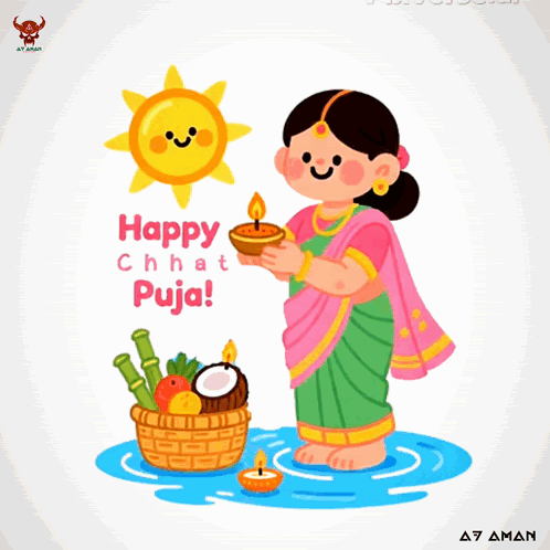 Woman Holding Candle With Happy Chhat Puja GIF