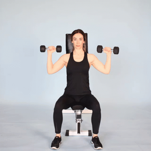Woman Holding Dumbbells Overhead On Bench GIF