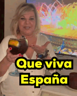 Woman Holding Glass with Que Viva Espana in Yellow