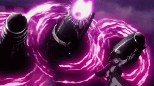 Woman Holding Gun in Front of Cannon With Purple Glow