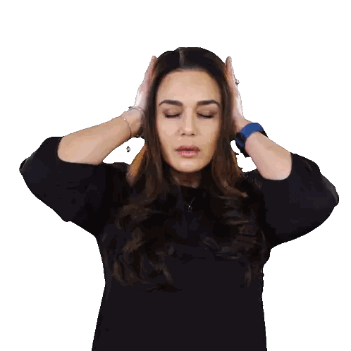 Woman Holding Head in Front of No Sign