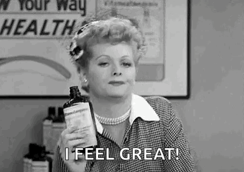 Woman Holding Medicine Bottle Saying I Feel Great!